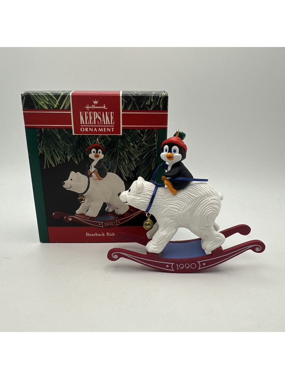 Hallmark Keepsake "BEARBACK RIDER" 1990 Christmas Ornament Polar Bear Penguin